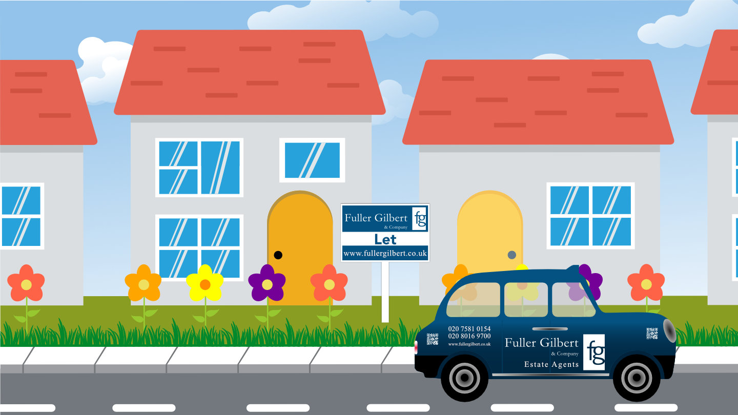 Illustration depicting a property on a street with a Fuller Gilbert Estate Agents  'Let' board outside and a taxi driving past